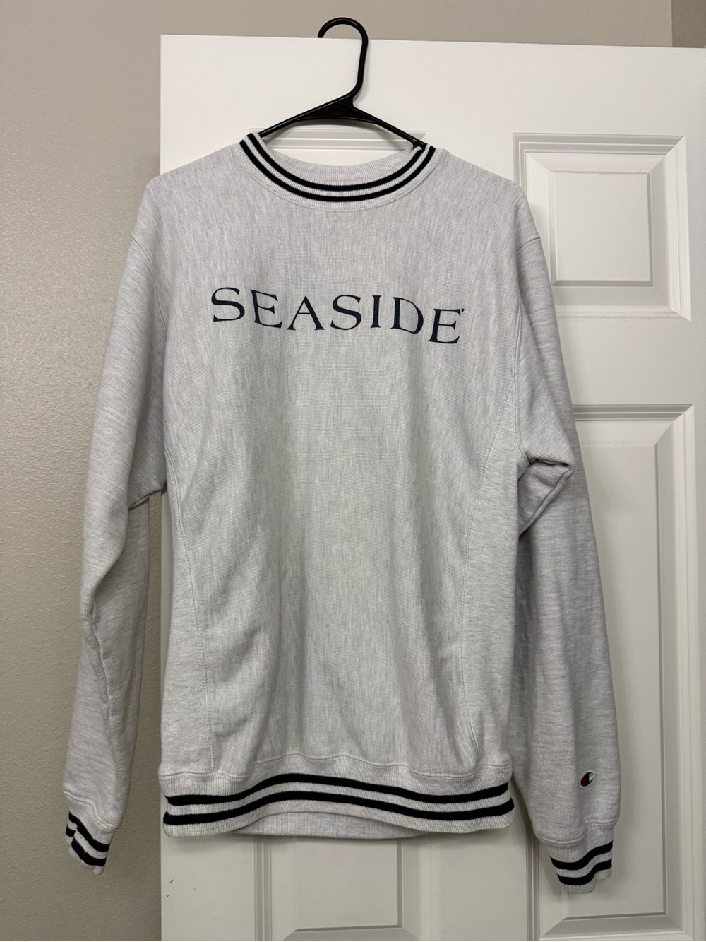 Champion Seaside Crewneck Sweater in Light Gray with Navy Details